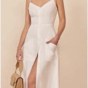 Reformation parke white linen midi button dress. Size 0